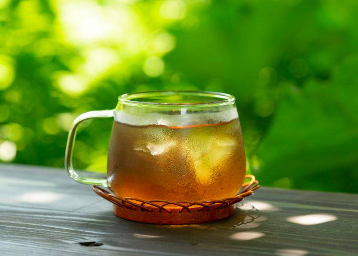 A chilled glass of mugicha with ice cubes, set against the green of a sunny day outside.